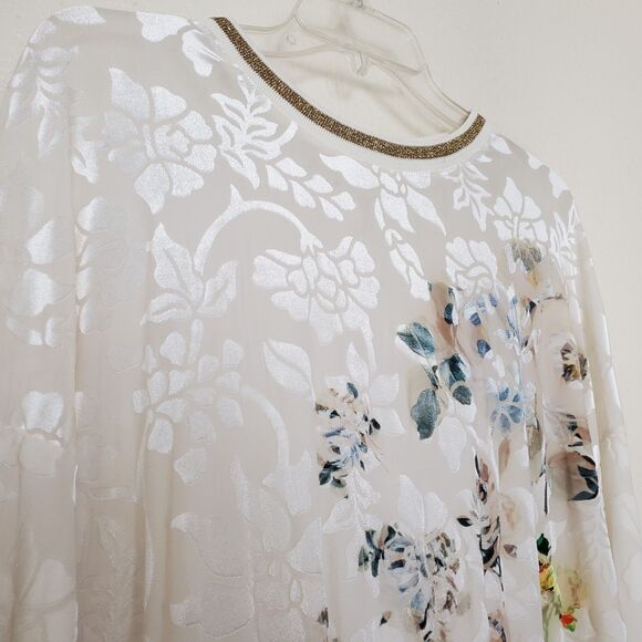 Desigual Women's XL Off-White Burnout Velvet Floral Sheer Top Gold Trim Pullover - Picture 14 of 15